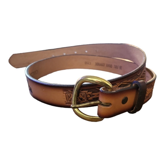 Vintage 80's Thunderbird Aztec Leather Tooled Belt "Bill" Size 36 - Picture 2 of 6